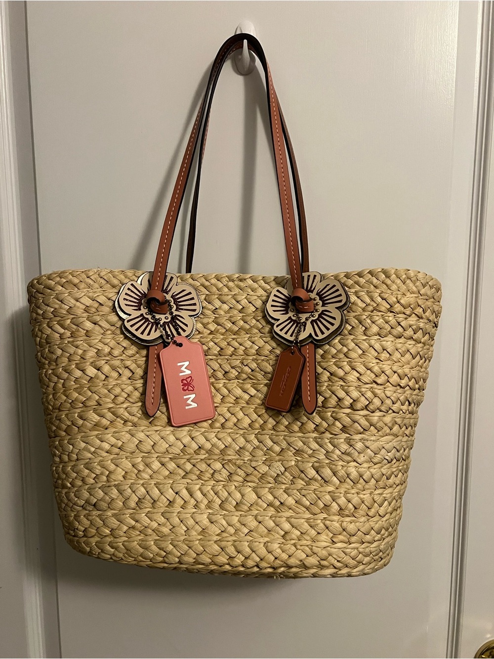 Coach Natural Straw Tote with light pink Leather Handles Pink MOM, COACH Tags
